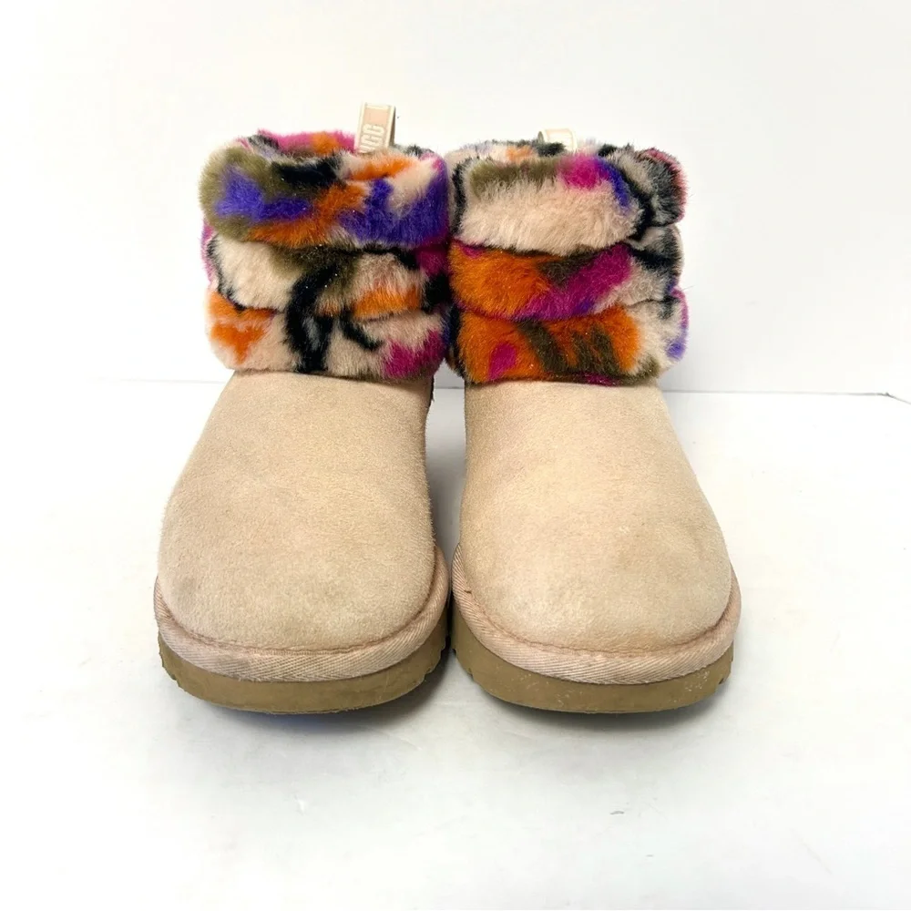 UGG Fluff Mini Quilted Motlee Boots Shoe Suede Sheepskin Pink Size EU 38 US 7